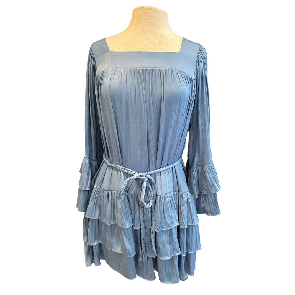 Free People Blue Ruffled Mini Dress With Tie Waist & Bell Sleeves - Size L